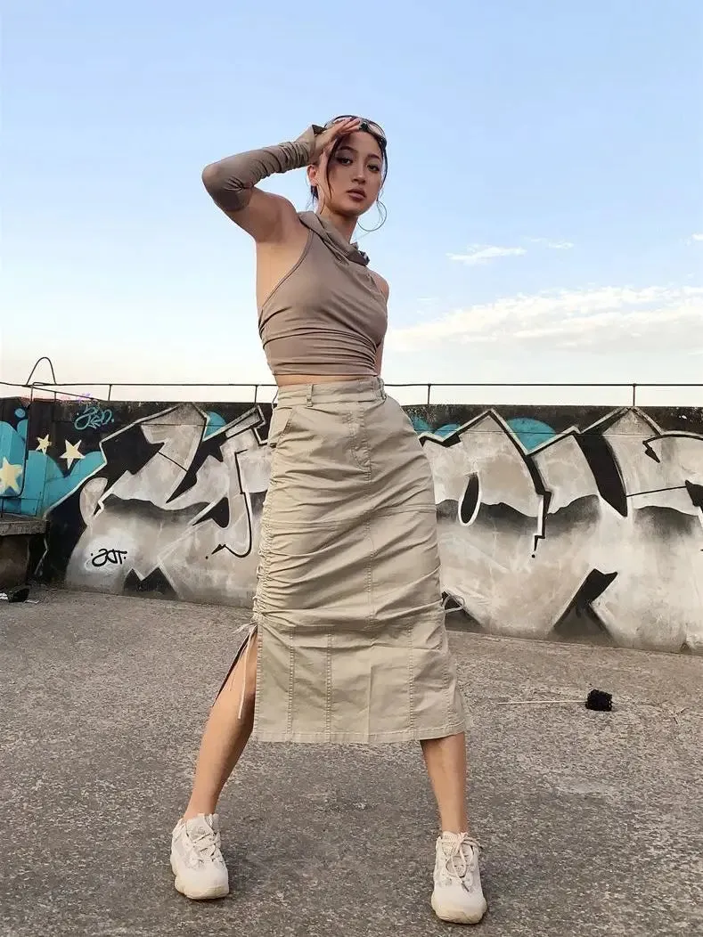 TAVIMART  -  High Street Cargo Skirts for Women Summer New Retro Pleated American Spicy Girl High Waist Slim A-line Split Mid Lenght Skirt