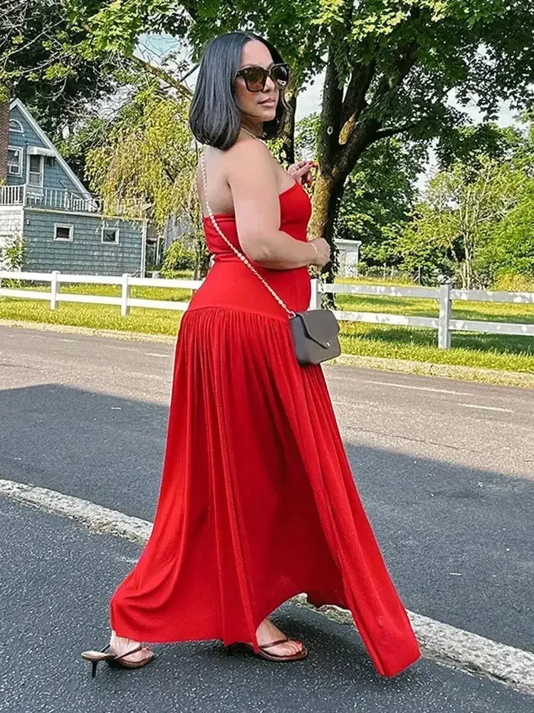 TAVIMART  -  Sexy Red Patchwork Pleated Hem Strapless Maxi Dress Women Fashion Off Shoulder Sleeveless Robes 2024 Summer Female Party Dresses
