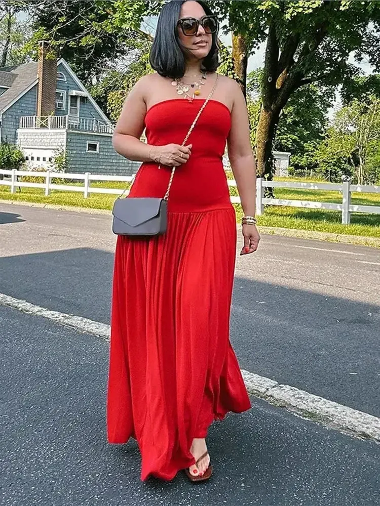 TAVIMART  -  Sexy Red Patchwork Pleated Hem Strapless Maxi Dress Women Fashion Off Shoulder Sleeveless Robes 2024 Summer Female Party Dresses