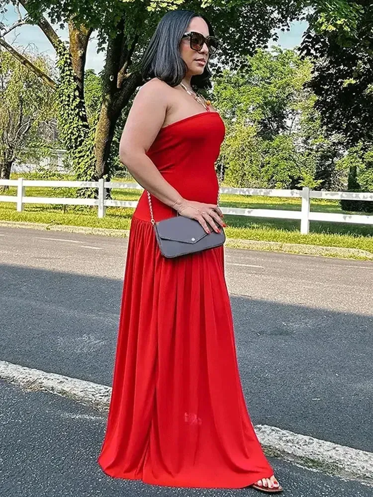 TAVIMART  -  Sexy Red Patchwork Pleated Hem Strapless Maxi Dress Women Fashion Off Shoulder Sleeveless Robes 2024 Summer Female Party Dresses