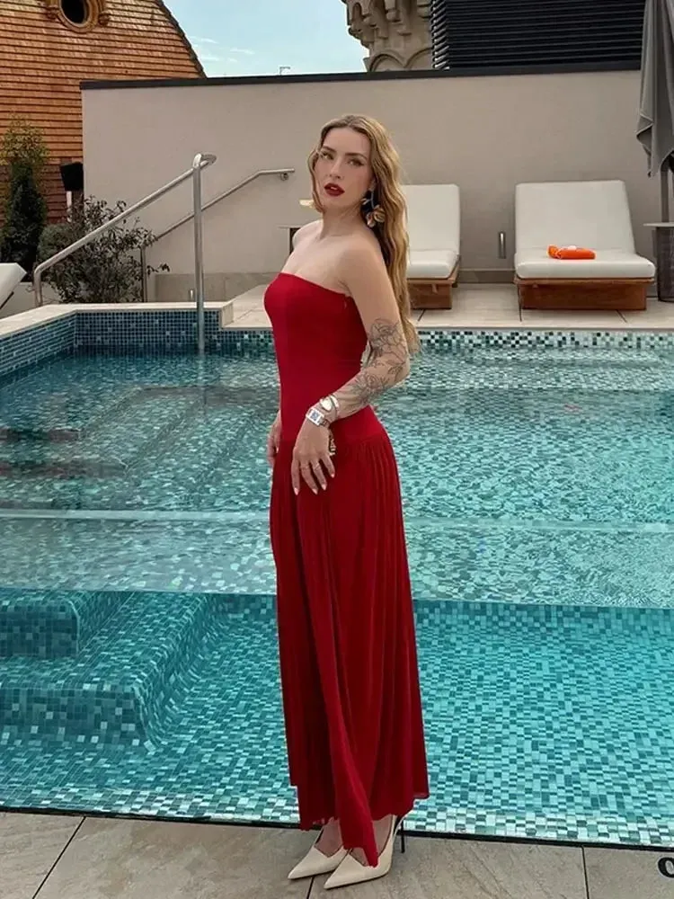 TAVIMART  -  Sexy Red Patchwork Pleated Hem Strapless Maxi Dress Women Fashion Off Shoulder Sleeveless Robes 2024 Summer Female Party Dresses