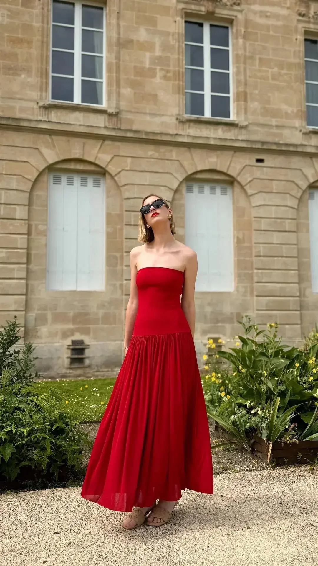 TAVIMART  -  Sexy Red Patchwork Pleated Hem Strapless Maxi Dress Women Fashion Off Shoulder Sleeveless Robes 2024 Summer Female Party Dresses