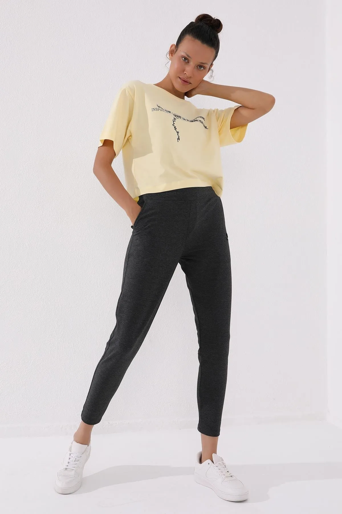 TMY Anthracite Melange Zippered Cuffed Pocketed Comfort Fit Women's Sweatpants - 94246 - Kendall