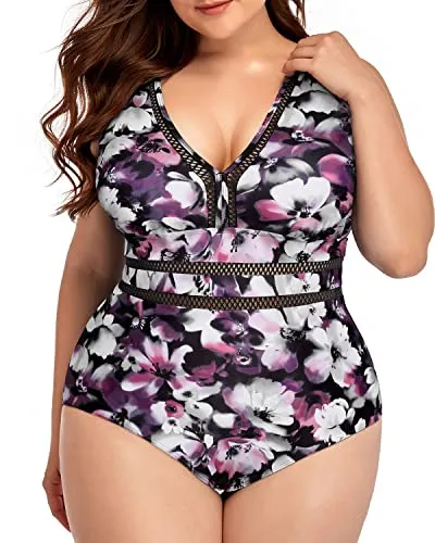 Tummy Control Full Coverage One Piece Plus Size Bathing Suit-Purple Floral
