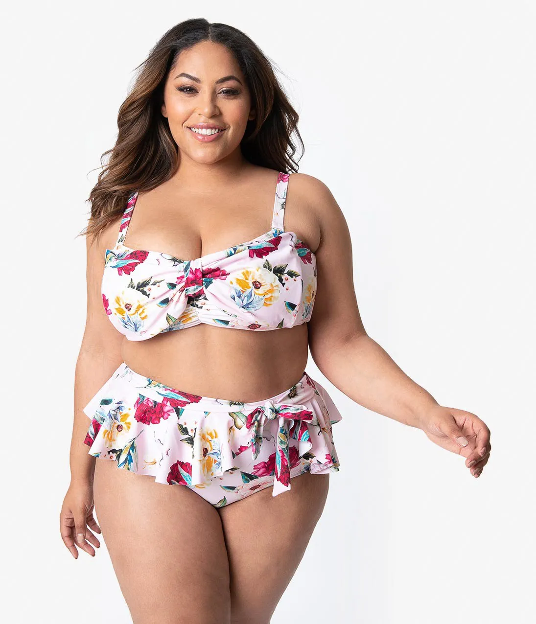 Unique Vintage Plus Size Pink Floral Print Ruffle Wrap High Waist Bonnie Bikini Bottoms