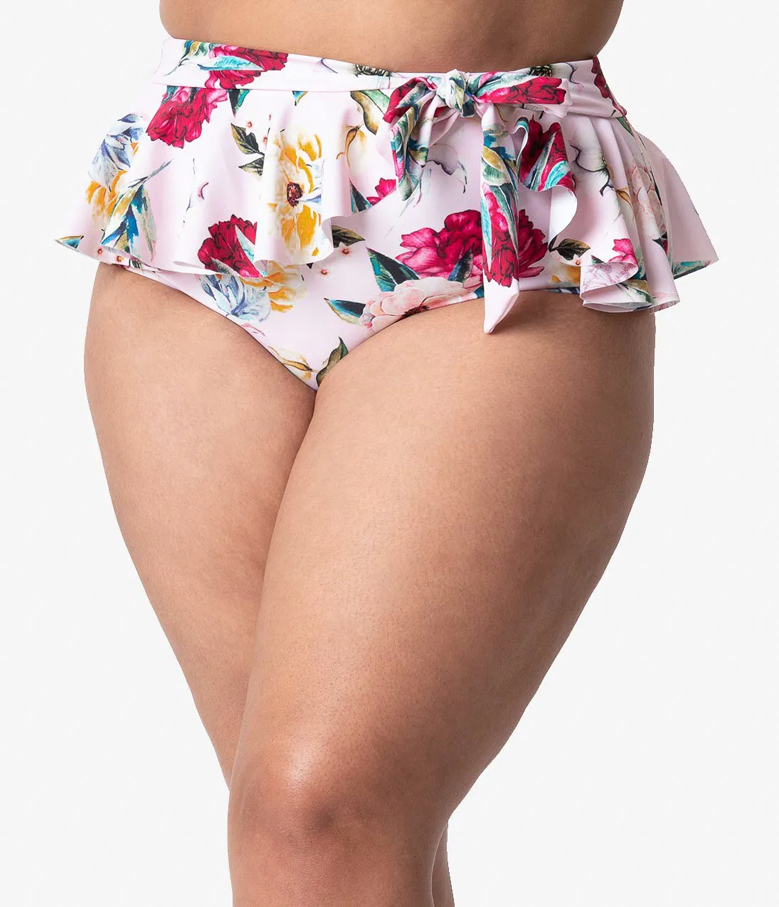 Unique Vintage Plus Size Pink Floral Print Ruffle Wrap High Waist Bonnie Bikini Bottoms