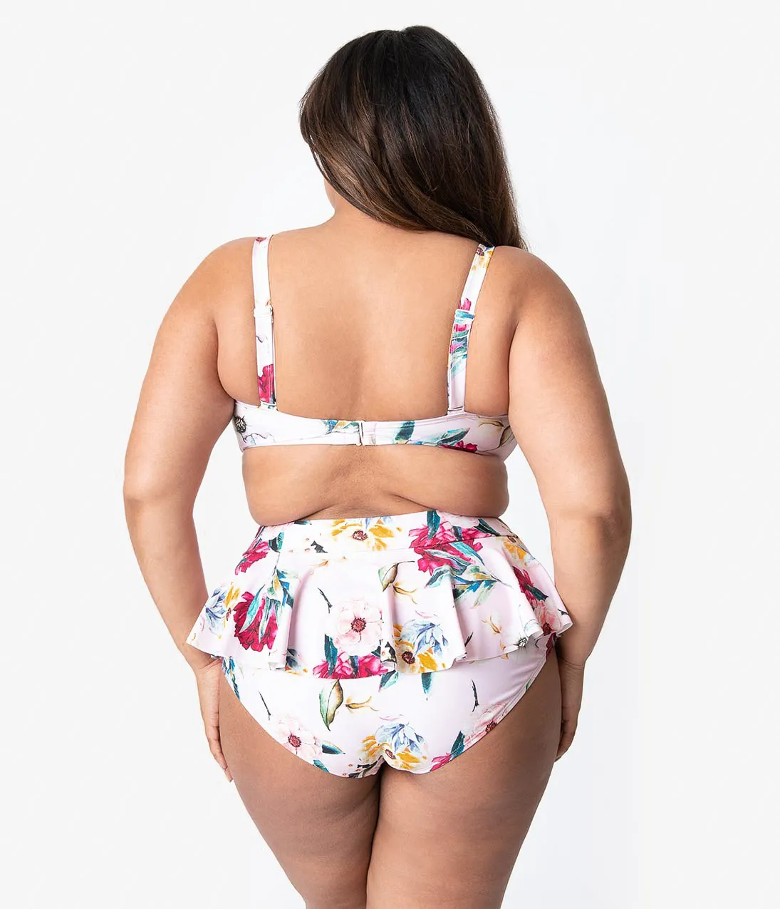 Unique Vintage Plus Size Pink Floral Print Ruffle Wrap High Waist Bonnie Bikini Bottoms