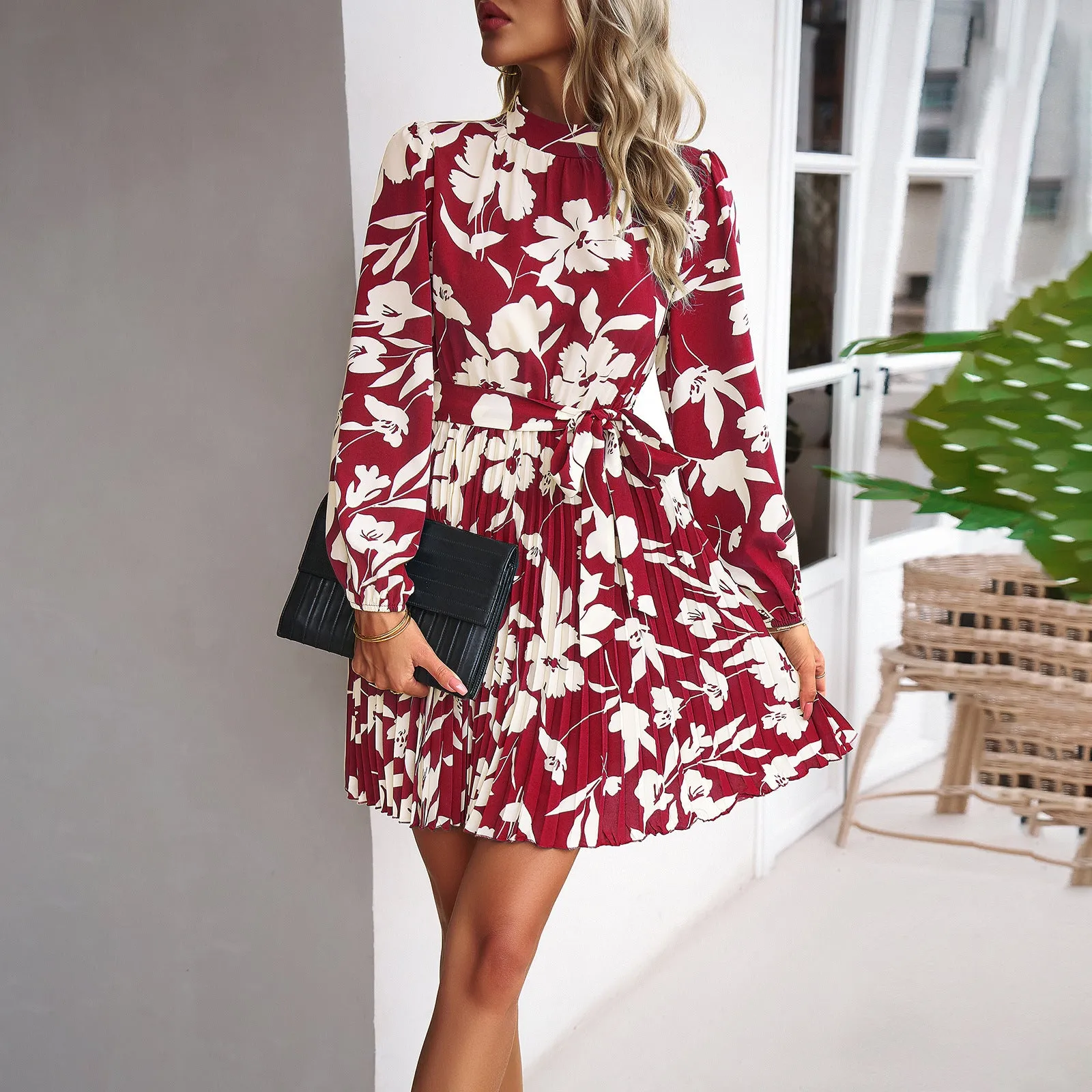 Vacation Leisure Long Sleeve Round Neck Pleated Short Printed Dress
