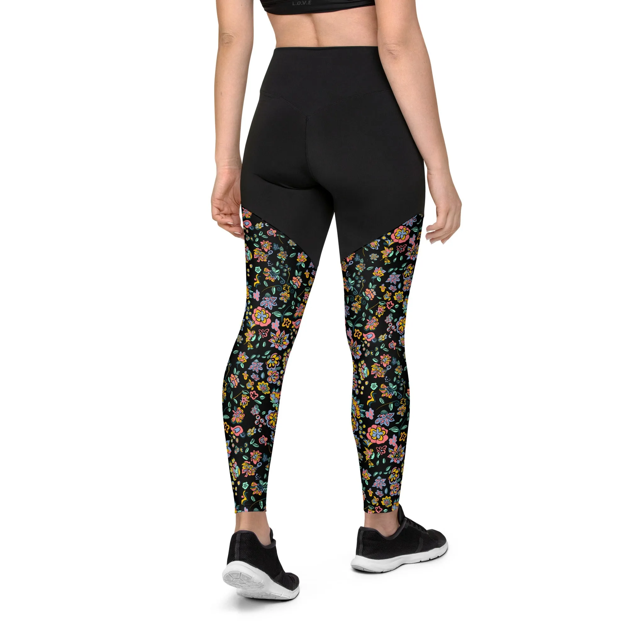 Vibrant Floral on black Sports Leggings