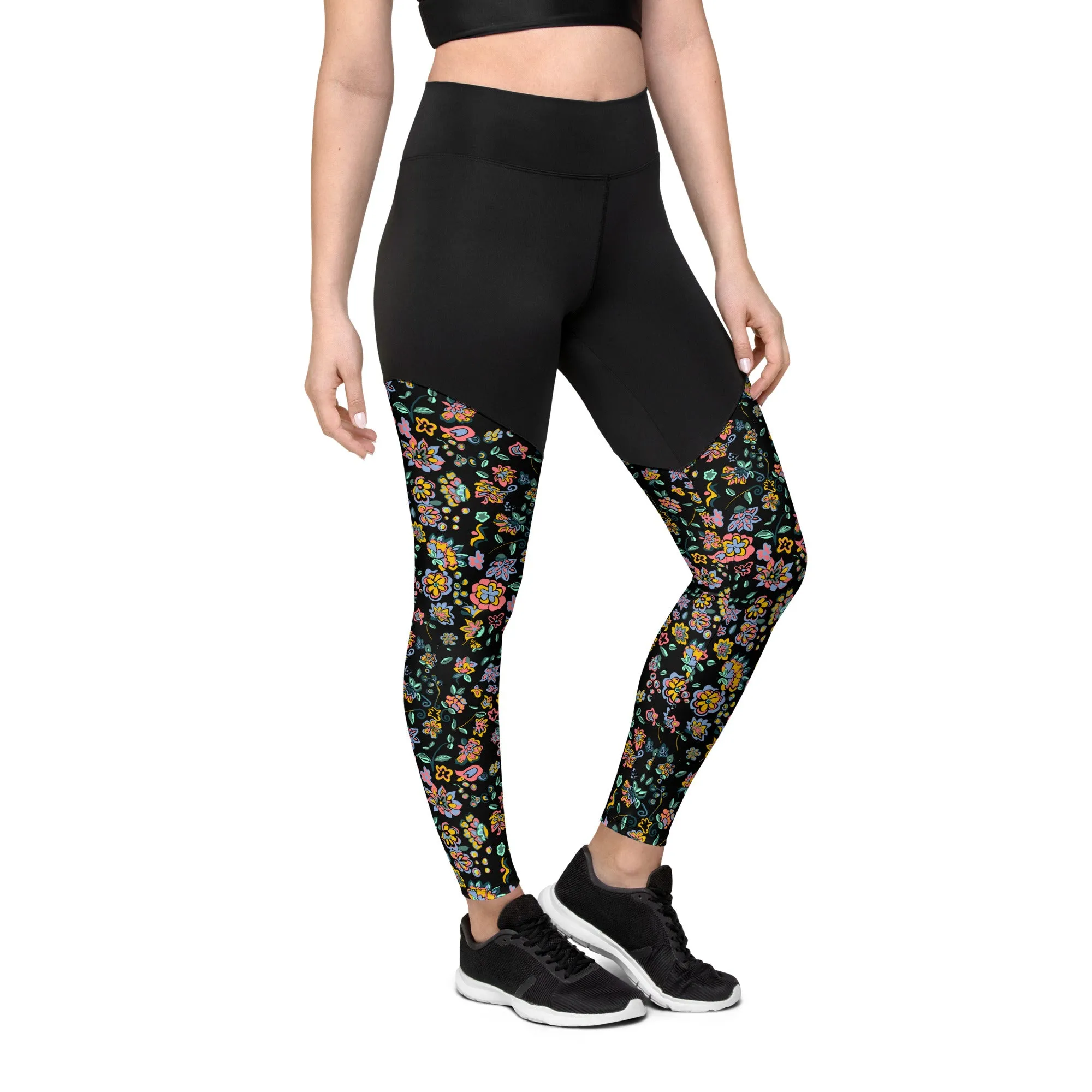 Vibrant Floral on black Sports Leggings