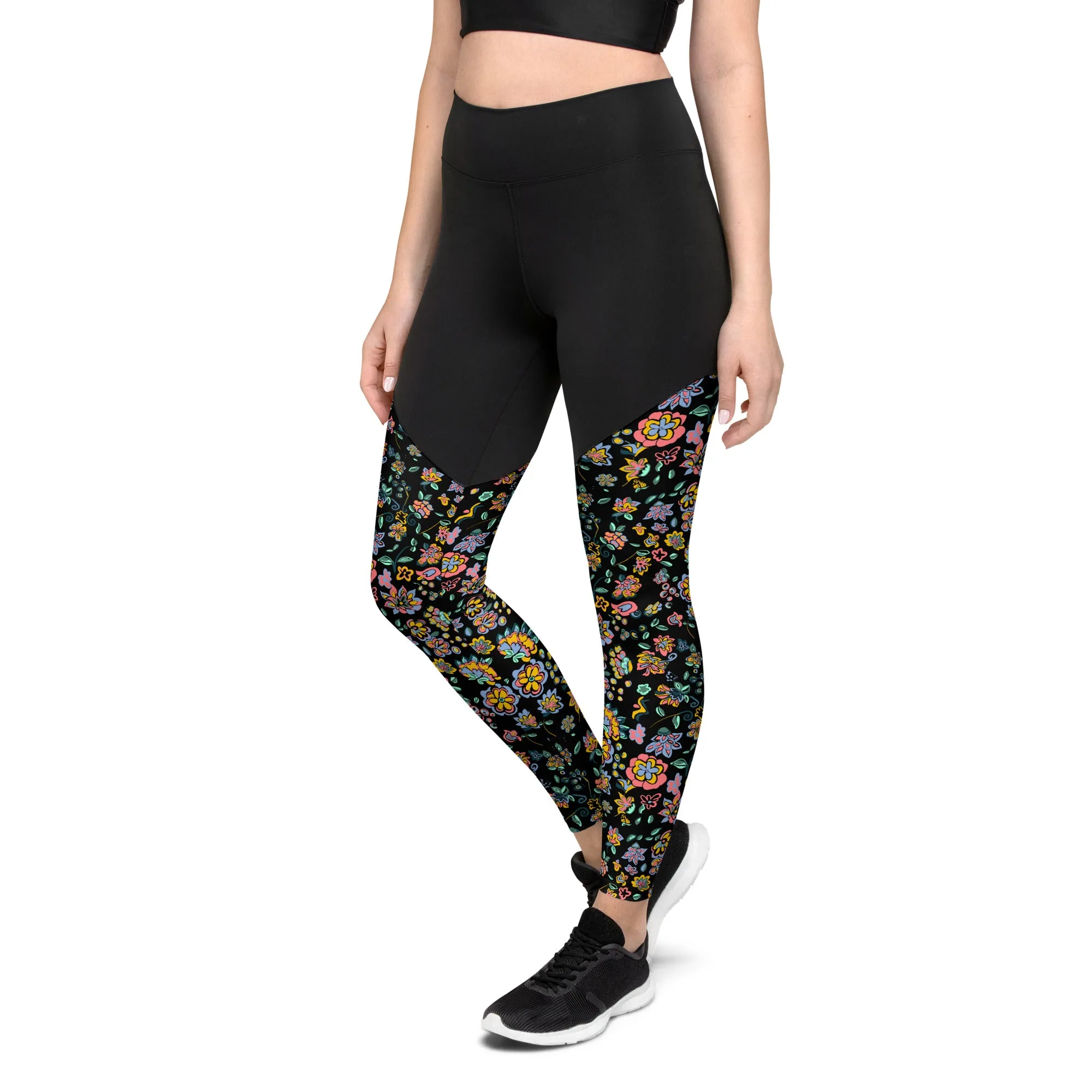 Vibrant Floral on black Sports Leggings