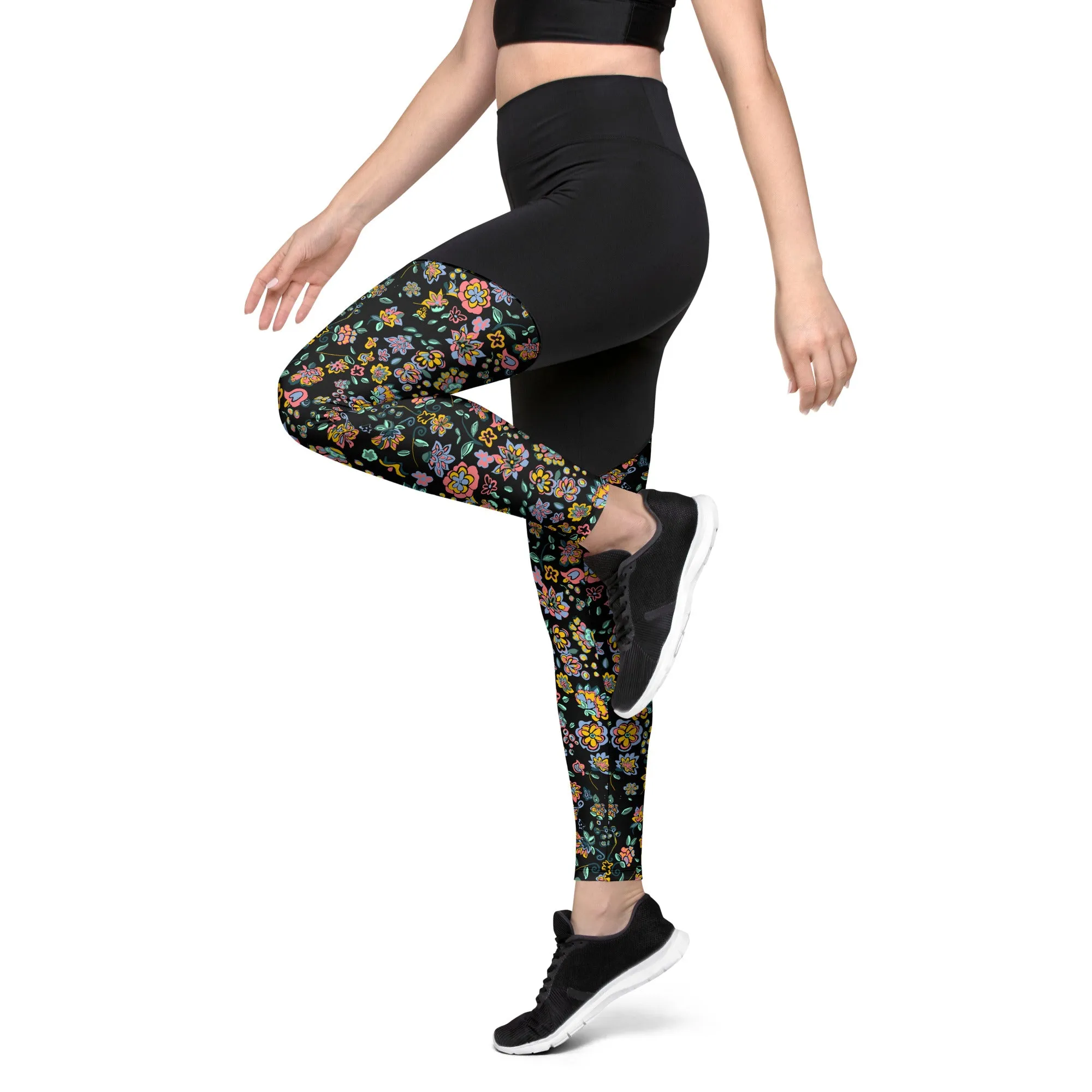 Vibrant Floral on black Sports Leggings
