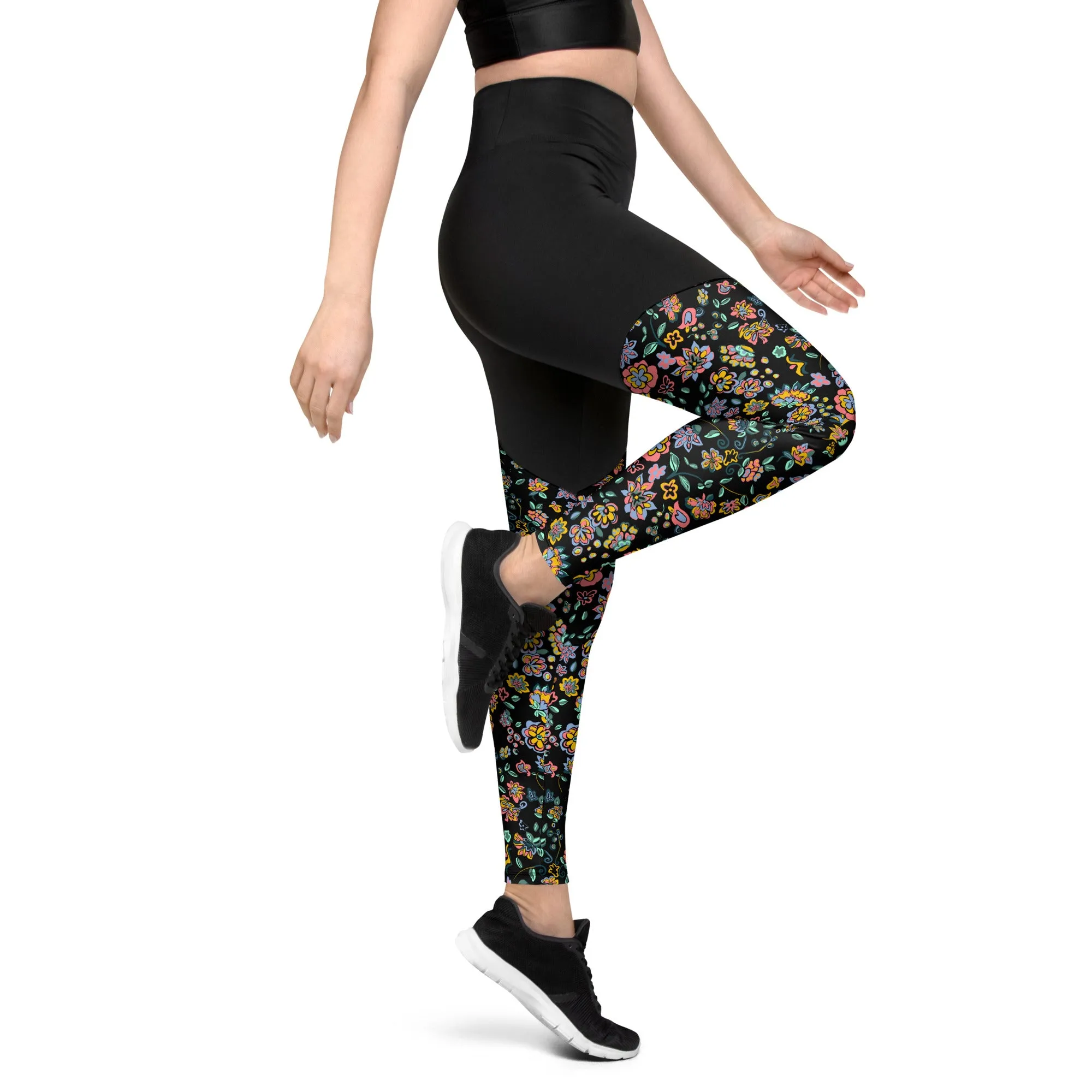 Vibrant Floral on black Sports Leggings