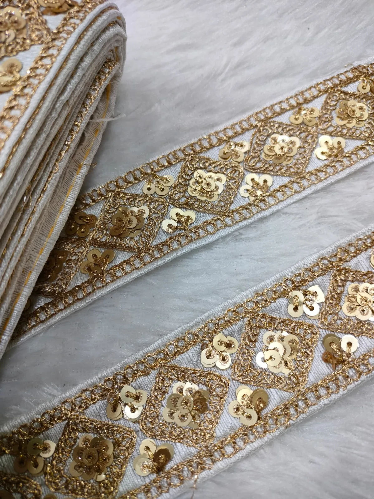 White & Golden Fancy Zari Embellished Trim