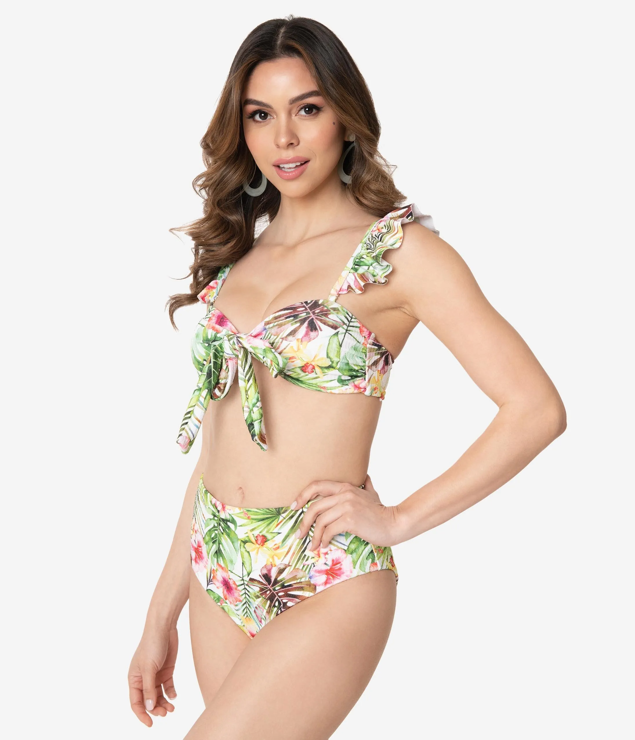 White & Green Tropical Print Two Piece Swim Set