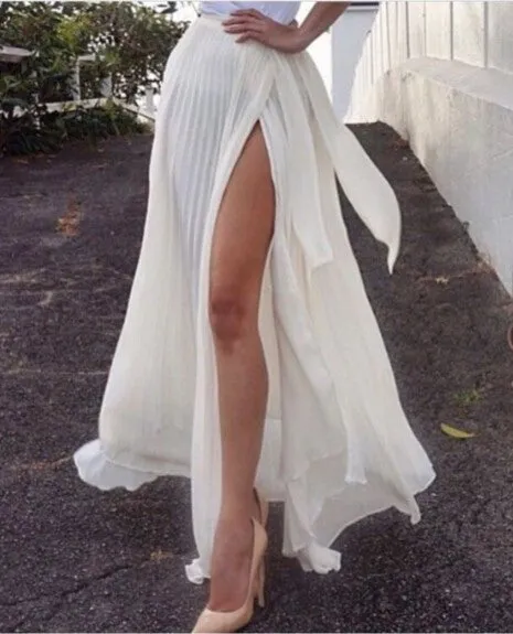 White Chiffon High Split Pleated Falbala Long Skirt