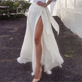 White Chiffon High Split Pleated Falbala Long Skirt