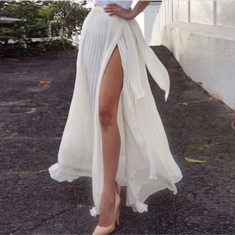 White Chiffon High Split Pleated Falbala Long Skirt
