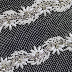 White Floral Embellished Handwork Trim (Wholesale)