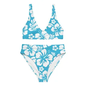 White Hawaiian Flowers on Aqua Ocean Blue High Waisted Bikini