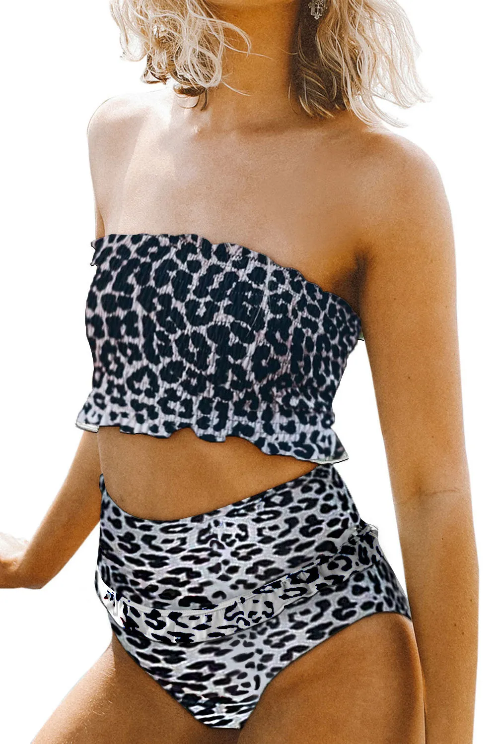 Womens Bandeau Smocked Top Print High Waisted Bikini Set Bathing Suit