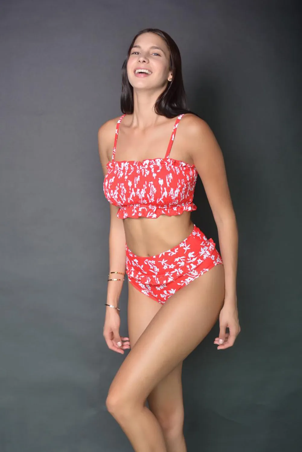 Womens Bandeau Smocked Top Print High Waisted Bikini Set Bathing Suit