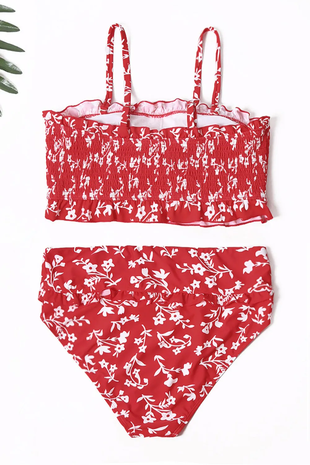 Womens Bandeau Smocked Top Print High Waisted Bikini Set Bathing Suit