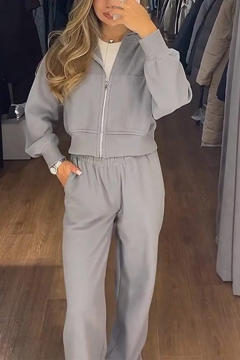 Women's Casual Hooded Solid Color Zipper Two-piece Suit