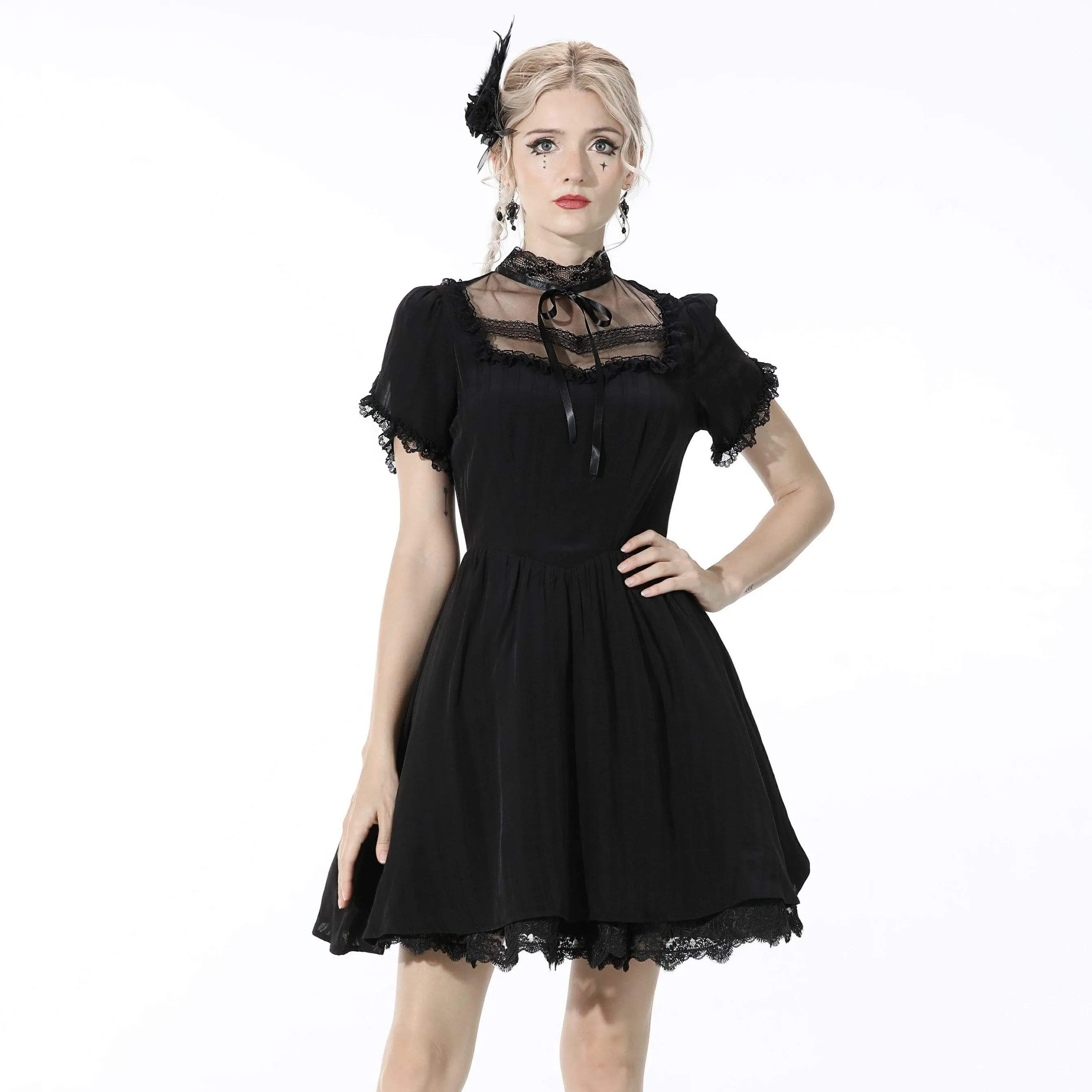 Women's Gothic Bowknot Pleated Black Dress