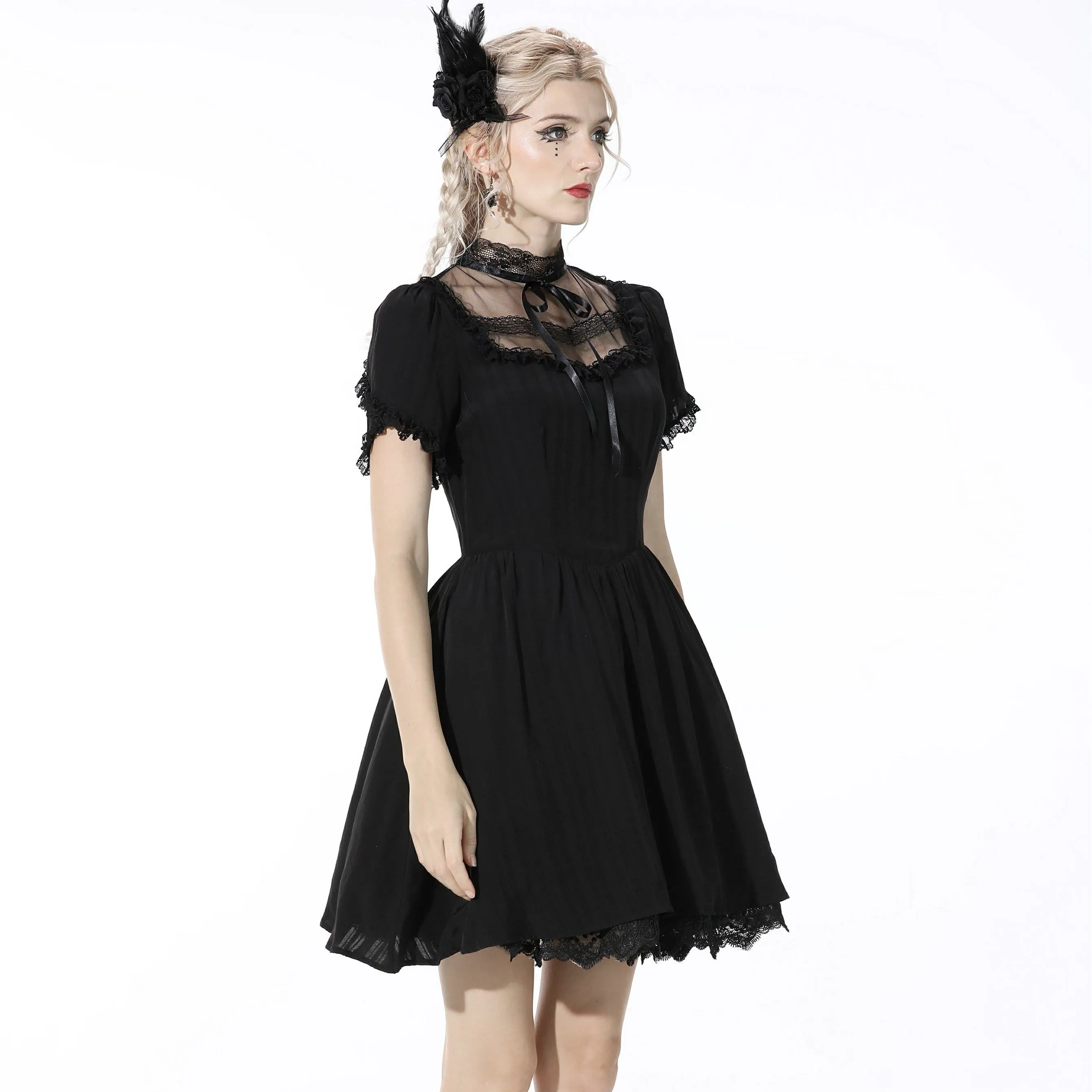 Women's Gothic Bowknot Pleated Black Dress