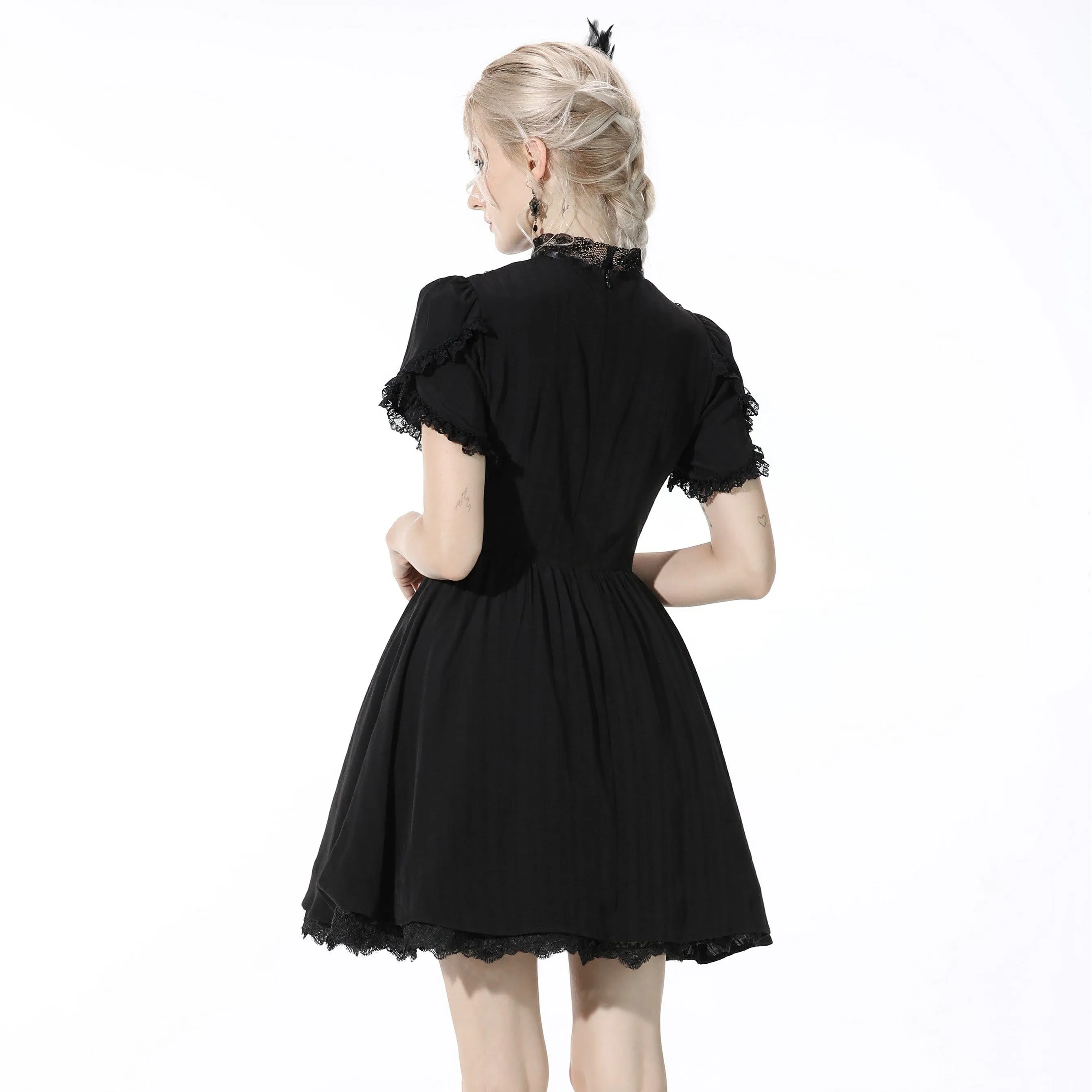 Women's Gothic Bowknot Pleated Black Dress