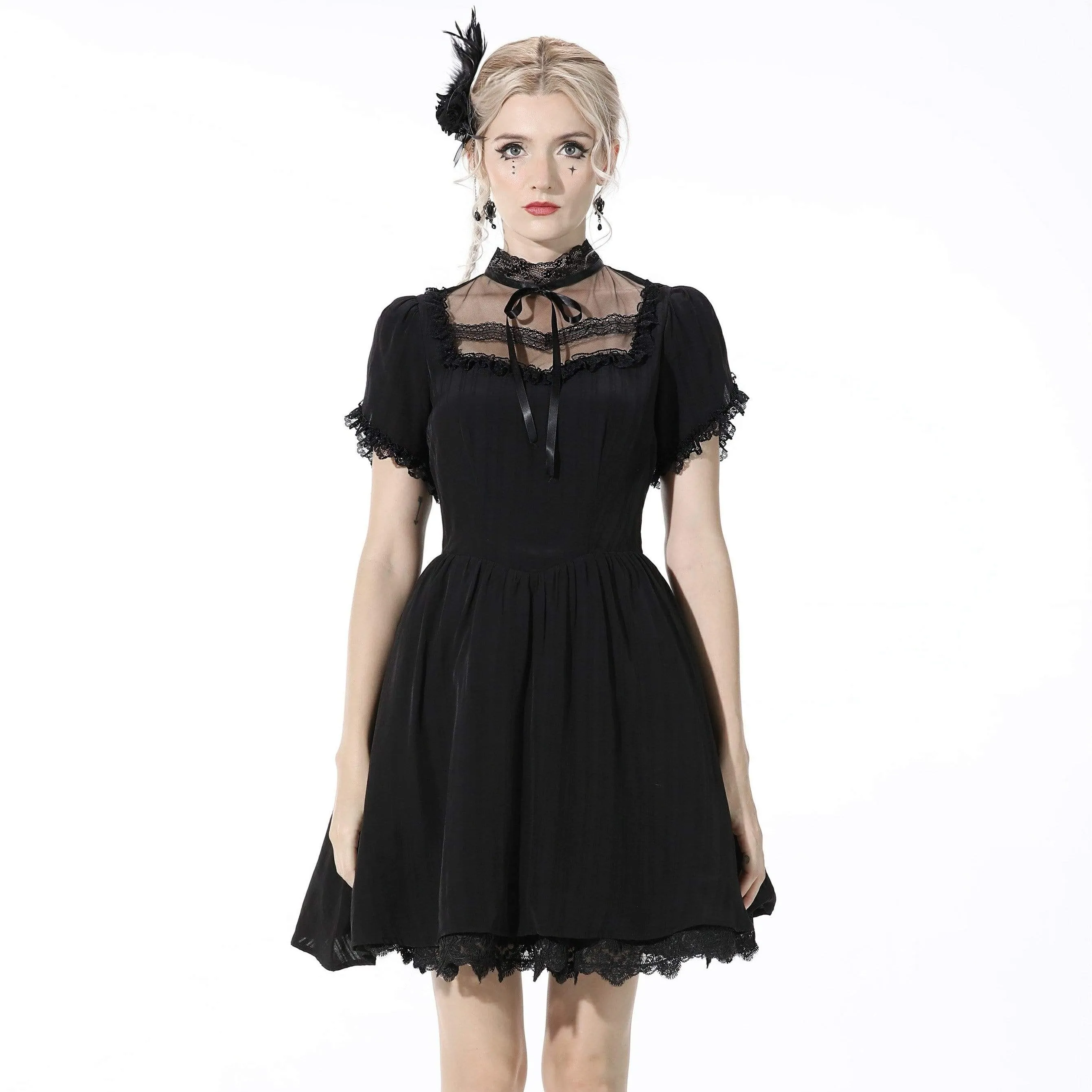 Women's Gothic Bowknot Pleated Black Dress