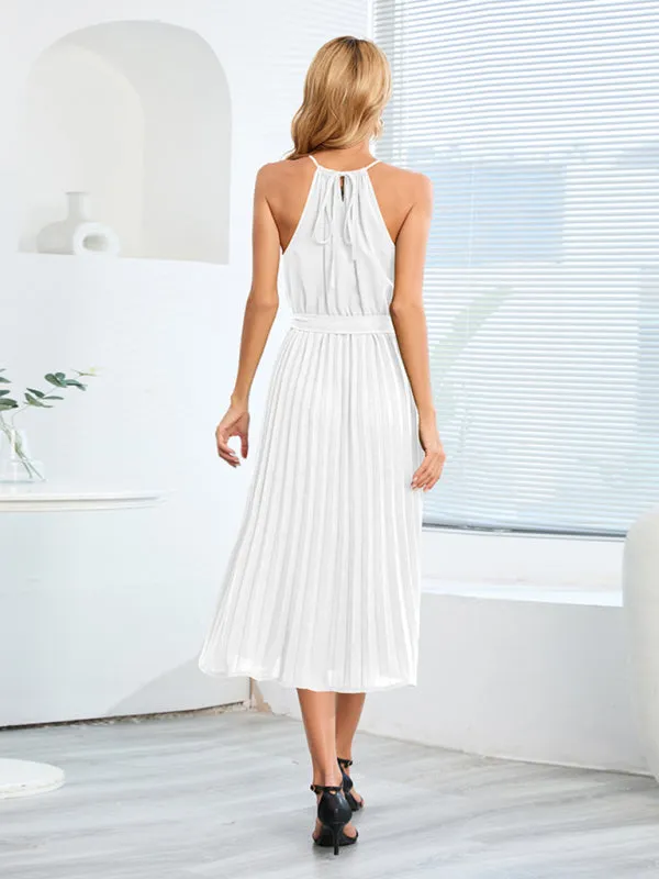 Women's Solid Color Pleated Halter Midi Dress