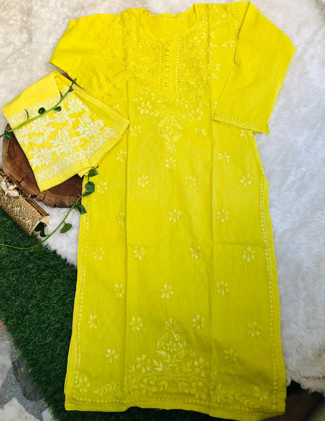 Yellow Cotton Chikankari Hand Work Kurti Pant Sets
