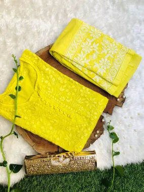 Yellow Cotton Chikankari Hand Work Kurti Pant Sets