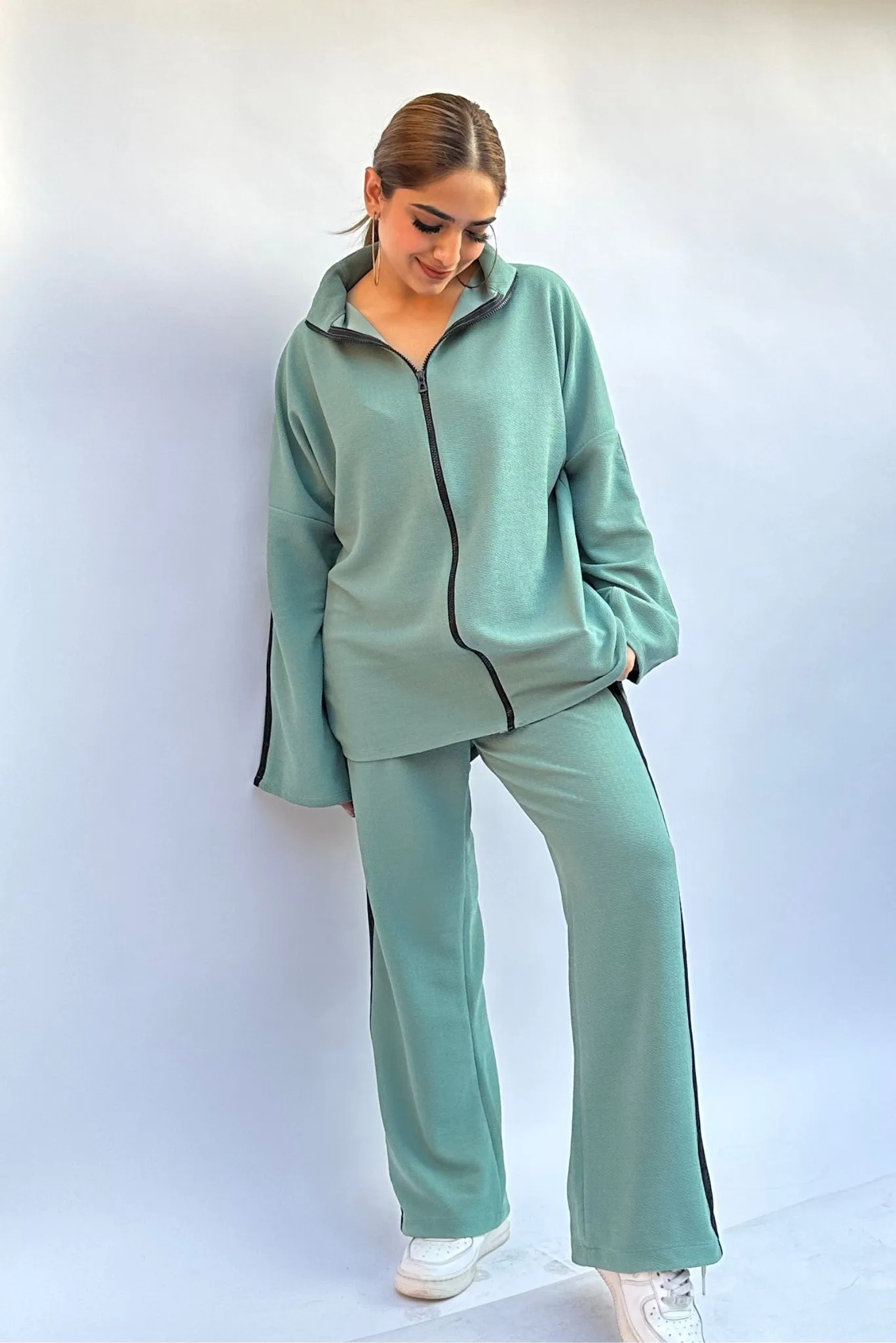 Zippered Coord Set in Teal Green